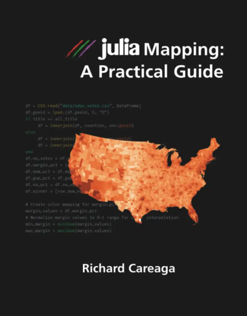 Cover of Julia Mapping: A Practical Guide, an orange county map of the United States on a dark background